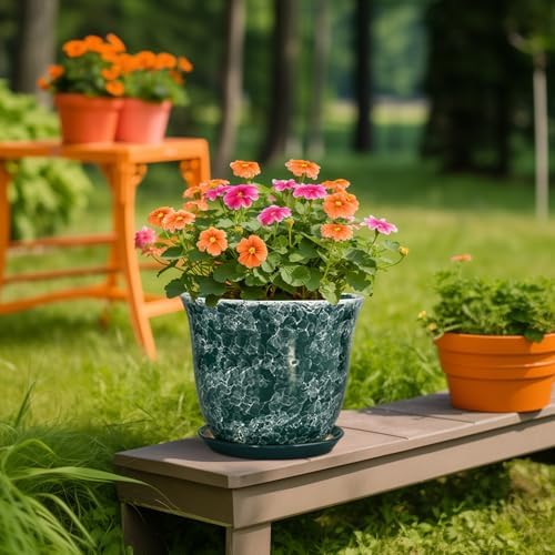 Ceramic Plant Pots - 10 Inch Plant Pot for Indoor Outdoor, Round Planter with Drainage Hole and Tray, Decorative Flower Pots, Modern Planters, Home Patio Garden Decor, Garden Gifts, Green - Image 5