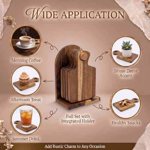 Acacia Wood Coasters Set of 4 with Holder, Mini Charcuterie Board Coasters, Decorative Wooden Drink Coasters for Coffee Table, Farmhouse Cottagecore Kitchen Decor, Housewarming Gift - Image 4