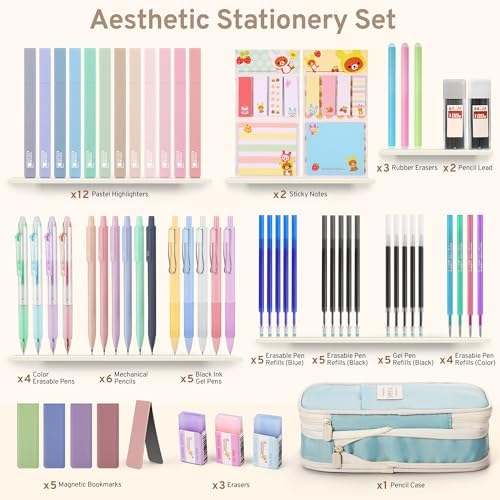 DazSpirit 62PCS Aesthetic Stationery Set with Foldable Pencil Case, Blue - Image 2