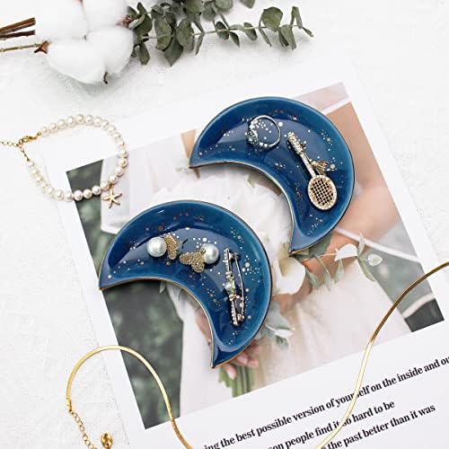 Soddeph Small Moon Ceramic Jewelry Tray, Decorative Trinket Dish, Ring Holder Plate, Modern Accent Tray for Bathroom, Nightstand, Entryway Table, Vanity (2, Blue) - Image 6