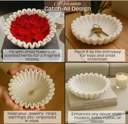 SWADESHI BLESSINGS Handcrafted Marble Ruffle Bowl for Home Decor, 6" - Image 2