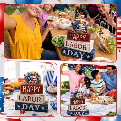 Moucuny 4 Pcs Labor Day Red White Blue Wooden Block Signs Table Decor - Image 5