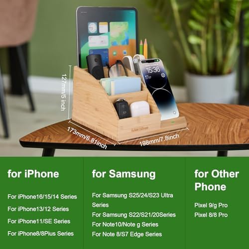 Bamboo Pen Holder for Desk & Nightstand Organizer with Fast Wireless Charging for iPhone, Samsung & More – Office Desk Accessories for Men/Women (Natural) - Image 5