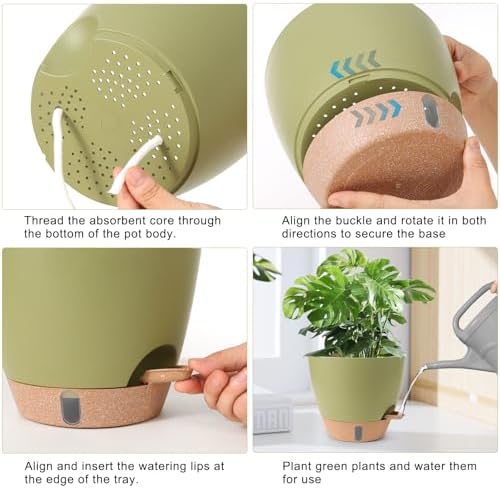 Self Watering Pots for Indoor Plants, 3 Pack 12/10/8 Inch, Large Planter with Water Reservoir, Modern Decorative Flower Pots for Home & OfficeGreen - Image 4