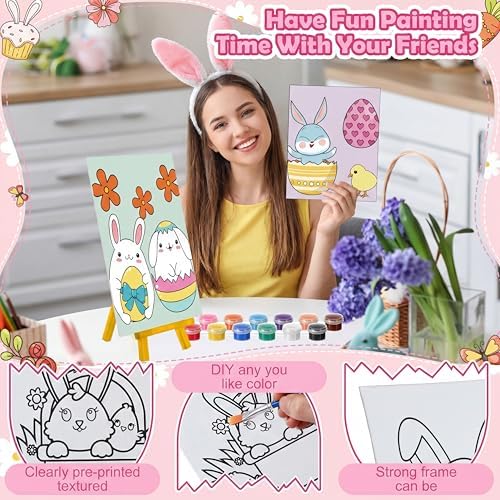 Blosssound 10 Set Easter Pre Printed Canvas Bunny Pre Drawn Canvas Painting with Easel Kits 5" x 7" Outline Painting Panels for Beginners, DIY Craft Project, Party Favor, Home Decors - Image 3