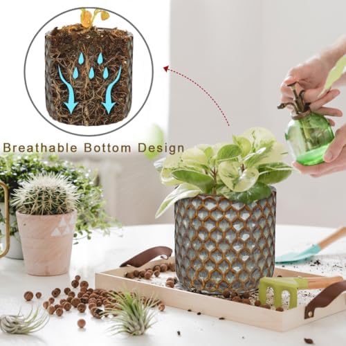 Oairse Small Ceramic Pots for Plants, 5.3 inch Brown Plant Pot Indoor with Drainage Ceramic Planters for Indoor Plants Succulent Planters Decorative Flower Pots for Cactus, Snake Plant, Herb - Image 3