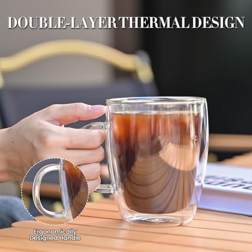 YUNCANG Double Wall Insulated Coffee Mugs, 16 Ounces - Clear Glass, Cappuccino & Latte Cups, Heat Resistant - Image 3