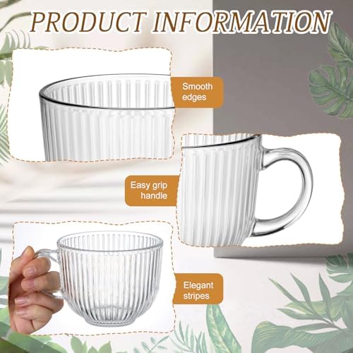 12 Pack Glass Coffee Mugs with Handles, 12 Ounces Glass Breakfast Mugs Bulk, Clear Tea Cups for Hot/cold Drinks, Glassware Set for Americano, Latte, Cappuccino(Ribbed) - Image 3