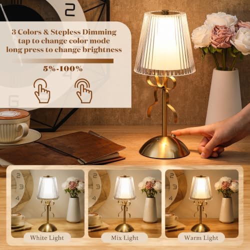 Liliful 2 Pcs Cordless Table Lamp LED Touch, Gold, Hollow Lined Style Bow - Image 4