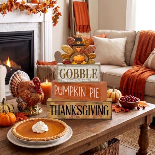 Moucuny 4 Pcs Fall Decorations For Home Wooden Thanksgiving Turkey Decor - Image 6