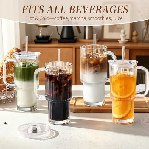Iced Coffee Cups with Lids: Coffee Bar Accessories - Ribbed Glass Tumbler with Straw and Lid 4 Pack - 24oz Tumbler Leak Proof - Glass Cups Tumbler with Lid and Straws - Coffee Tumbler with Handle700ml - Image 4