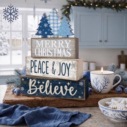 Moucuny 4 Pcs Christmas Table Decorations Blue Christmas Tree Stacked Wooden Sign Decor Rustic Winter Tiered Tray Decor Blue and White Xmas Table Centerpiece Farmhouse for Home Kitchen Shelf - Image 6