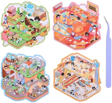 Girls 3D Miniature Scene Stickers,4 Sets Tuxedo Cat DIY House Stickers for Cool Go-Karts, Kitchen Battle, Marble Legend, Cat's World, 3D Sticker Scenes for Adult Kids Relief Stress Pass The Time by VYRANA