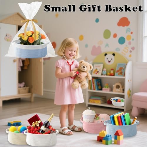 Woven Rope Basket - Baby Gift Basket with Bag & Ribbon, White&Blue - Image 4