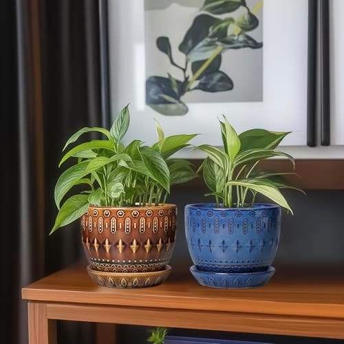 G EPGardening 5.5 Inch Plant Pot - Ceramic Planter for Indoor Outdoor Plants, Boho Round Indoor Flower Pot with Drainage Hole and Saucer, Housewarming Gifts, Garden Home Room Decor, Brown - Image 7