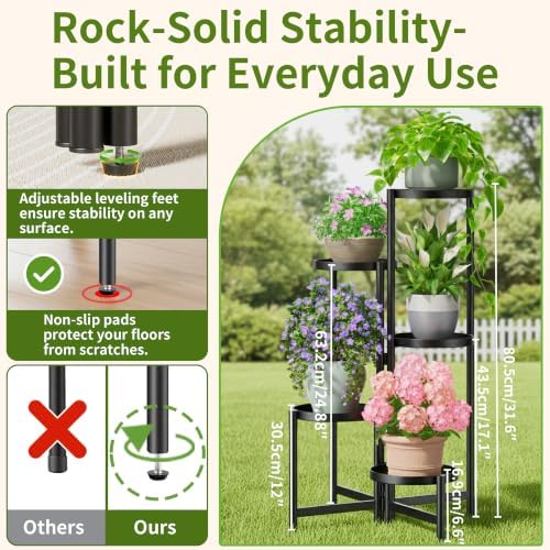 Tall Plant Stand Indoor Outdoor, Corner Metal Flower Pot Stands for Multiple Plants, 5 Tier Heavy Duty Plant Shelf for Patio Garden Balcony Living Room Bedroom - BlackDisk - Image 3