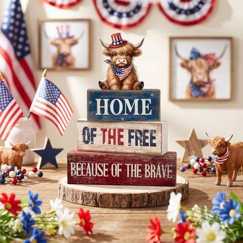 Moucuny 4 Pcs 4th of July Wooden Signs Patriotic Tiered Tray Decor - Image 2