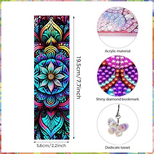 Puraikcmi 6 PCS 5D DIY Diamond Art Bookmarks,Mandala Diamond Painting Bookmarks Kits with Tassels Acrylic, Rhinestone Crafts Decoration Gift Set for Book Lovers Beginners & Adults - Image 2