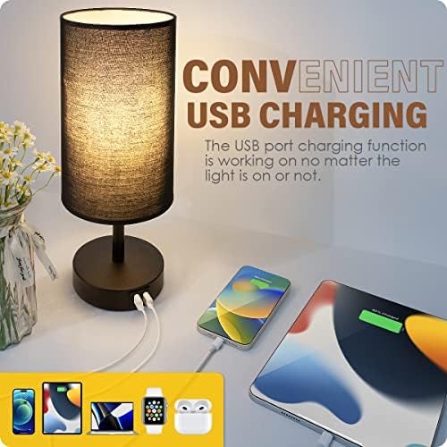 Yarra-Decor Bedside Lamp with USB Port - Touch Control Table Lamp for Bedroom 3 Way Dimmable Nightstand Lamp with Round Black Fabric Shade for Living Room, Dorm, Home Office (LED Bulb Included) - Image 3