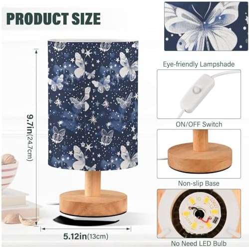 Vivid Butterflies and Moon Stars Cloud Bedside Table Lamps with USB Port for Bedroom Lamp Accent Table Lamp Small Nightstand Lamp Sturdy Linen Shade Wooden Base Decorative Lamps for Home|Kids|Dome - Image 4