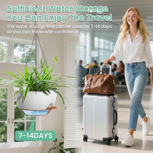 UOUZ Set of 3-10 Inch Self Watering Hanging Planters for Indoor Outdoor，Hanging Plant Pots with Drainage & Removable Tray, Hanging Pots Holder for Pothos Plant, Ferns, Balcony & Patio,White with Brown - Image 6