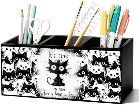 Funny Black Cat Pen Pencil Holder for Desk, Funny Office Gifts for Coworkers, Black Cat Gifts for Women, It's Fine Everything Is Fine Wooden Box Sign Decorations for Home Office Desk Tabletop by Unknown