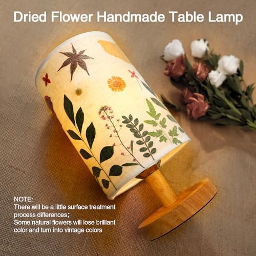 Pressed Flowers Table Lamp 5W LED 3Color Temperatures Dried Flower Bedside Lamp Linen Shade with Wood Base for Bedroom Living Room Desk Office - Image 2