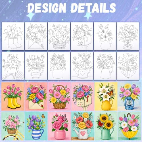 12PCS 8x10IN Pre Drawn Canvas to Paint for Adults Flowers Paint Party - Image 3