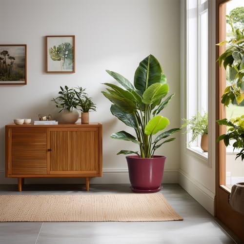 Ceramic Plant Pots - 10 Inch Plant Pot with Drainage Hole and Saucer, Round Planter for Indoor Outdoor, Modern Decorative Large Flower Pots, Home Room Garden Decor, Plants Lovers Gifts, Red - Image 3