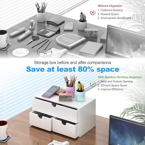 Bamboo Desk Organizer with Drawers Desktop Storage Drawers for Bills Office Supplies Kitchen Utensils Organizing Tool for Home Classroom Organization No Assembly (White) - Image 5