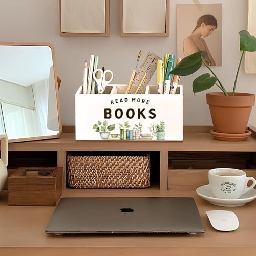 Book Lovers Gifts Pen Holder, Book Reader Gifts Pencil Holder for Desk, Read More Books Wooden Box Sign Decorations for Reading Room Corner Nook Classroom Desk Tabletop - Image 3