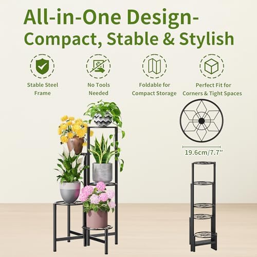 Plant Stand 5 Tier Indoor Metal Flower Shelf for Multiple Plants Corner Tall Flower Holders for Patio Garden Living Room Balcony Bedroom Black Diamond - Image 5