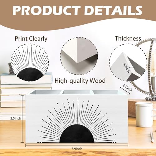 DILSJ Boho Abstract Sunshine Pen Pencil Holder Organizer for Desk, Boho Office Decor, Black and White Mid Century Modern Minimalist Sunshine Wooden Box Signs for Home Office Desk Tabletop Decoration - Image 7