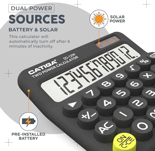 CATIGA Mechanical Switch Calculator with Solar and Battery Dual Power, 12-Digit Large LCD Display, Aesthetic and Cute Desktop Calculator with Big Button, for Home, School and Office Use, SD-1299 - Image 3