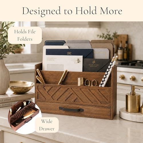 BLU MONACO | Wooden Mail Organizer with Drawer and Compartments | Mail Sorter Organizer Countertop for Desk Entryway | Outgoing Mail Holder Wood Desktop File Storage - Image 4