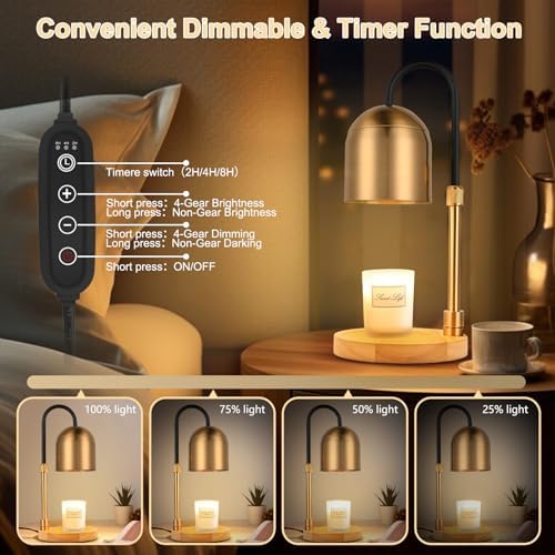 Candle Warmer Lamp with Timer & 3 Bulbs, Dimmable Electric CandleLight Adjustable Height and Brightness Candle Wax Warmer for Jar Candles Bedroom Home Decor House Warming Gift for Women (Round Gold) - Image 3