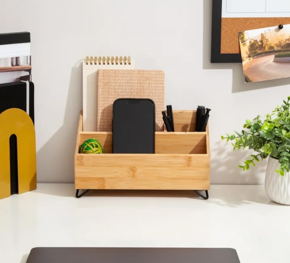 10 x 4.8 x 6 Inch Bamboo Verona Desktop Organizer Office Storage Caddy - Image 4