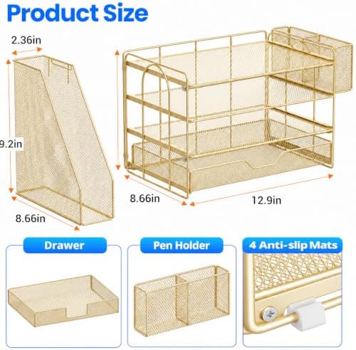 OPNICE Desk Organizers and Accessories, 4-Tier Desktop File Organizer with Drawer and Pen Holders, Office Desk Accessories Workspace Organizers for Office Supplies (Gold) - Image 4