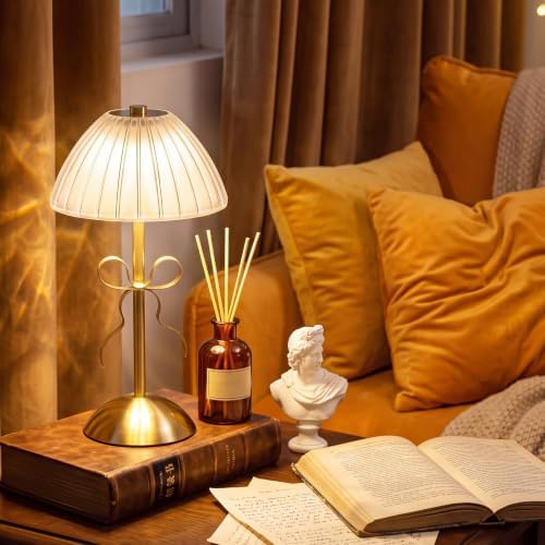 Liliful 2 Pcs Cordless Table Lamp LED Touch, Gold, Mushroom Style Bow - Image 5