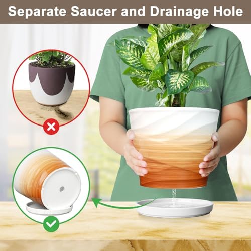8 Inch Ceramic Plant Pot, Khaki + White - Image 4