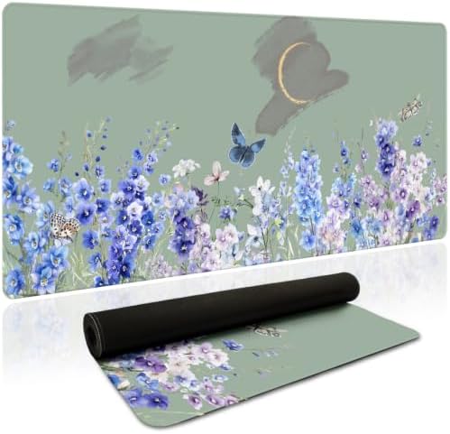 Sage Green Desk Mat, Blue Violet Wildflower XXL Mouse Pad 35.4x15.7in by HUADO