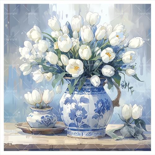 TAOPAOLAB Floral Digital Painting Kit for Adults - DIY White Tulips in Blue Porcelain Vase Oil Painting on Canvas 7.87×7.87in, Framed Acrylic Paint Kit, Good for Beginners, Home Decor or Gift Artwork by Unknown