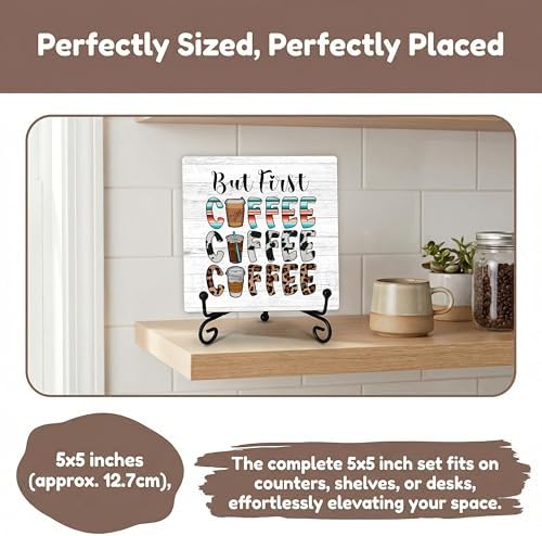 Coffee Bar Sign, But First Coffee Sign, Coffee Lover Gifts, Coffee-Themed Decor, 5x5 Wood Plaque with Iron Stand for Home, Kitchen or Cafe – A10 - Image 5