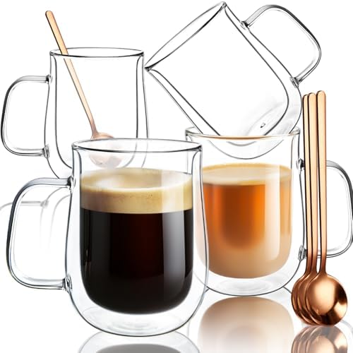 Double Walled Glass Coffee Mugs 16 OZ, Borosilicate Glass Coffee Cups Set of 4 with Spoons, Insulated Clear Coffee Mug for Hot Beverages, Cappuccino, Latte, Tea Bag. by COMOME