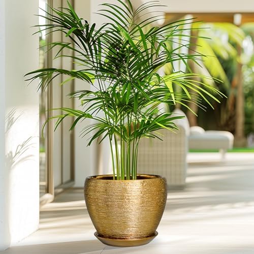 Ceramicfor Ceramic Plant Pot 8 Inch - Planter for Outdoor Plants Indoor Plant Pot with Drainage Hole and Saucer Decorative Round Planter Modern Flower Pot for House Decor Gold - Image 2
