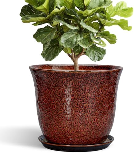 Ceramic Pots for Plants - 12 Inch Plant Pot for Indoor Outdoor, Round Planter with Drainage Hole and Saucer, Large Decorative Planters, Modern Flower Pot, Office Decor, Garden Gifts, Red by SUNPOTFOR