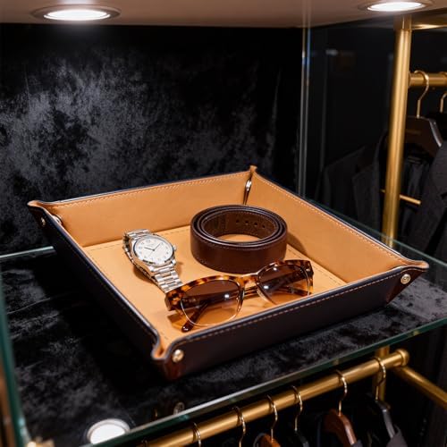 Valet Tray Desktop Storage Organizer, Vegan Leather Catchall Tray Bedside Vanity Tray Nightstand Caddy Holder for Remote Controller, Watch, Keys, Phone, Wallet, Sunglasses, Jewelry, Khaki - Image 6
