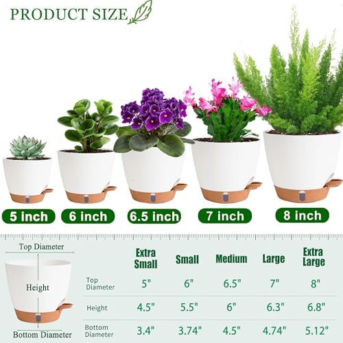 Self Watering Pots for Inoor Ourdoor Plants 8/7/6.5/6/5" Plastic Planters - Image 2