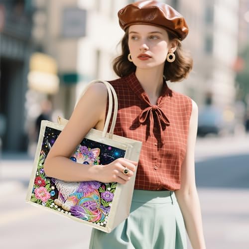 Xylzzuit DIY Pearl Painting Canvas Tote Bag Kit 11.42IN Diamond Art Handbag for Women Shopping Grocery Bag Dots Beads Art Craft Gift (Cat) - Image 4