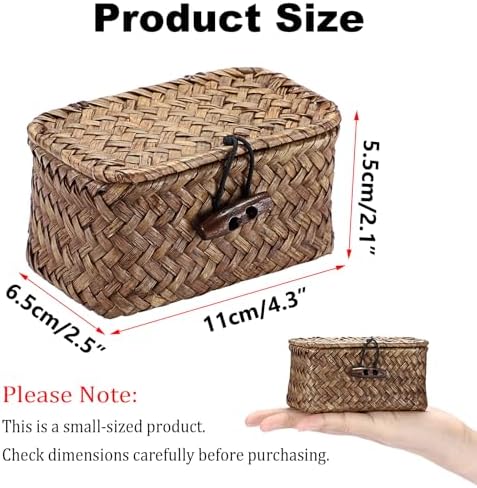 Hipiwe Mini Seagrass Basket Box with Lid Wicker Storage Bins, 4.3x 2.5x2.1" - Image 2